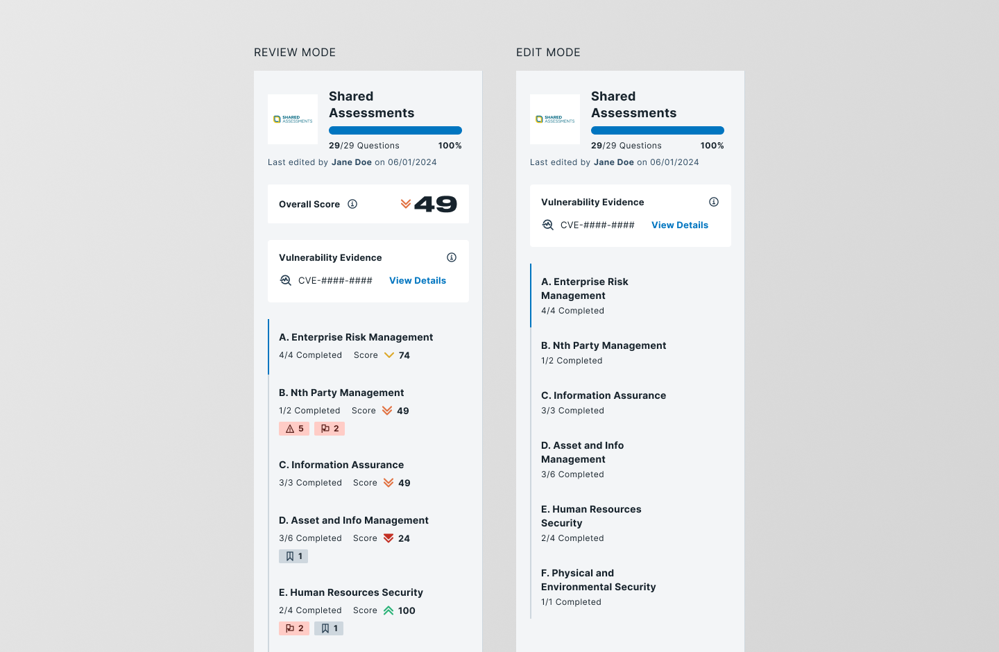 Questionnaire UI, categories panel for review and edit modes