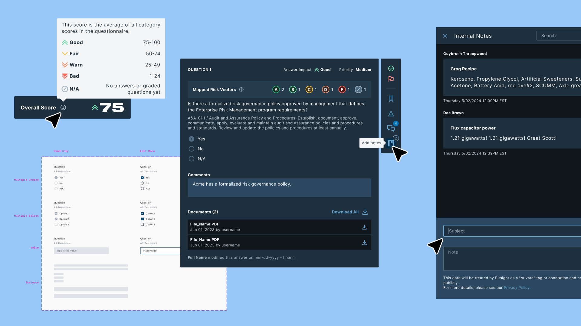 hero image: Bitsight VRM questionnaire interface, showing a question with answer options, score, and action rail
