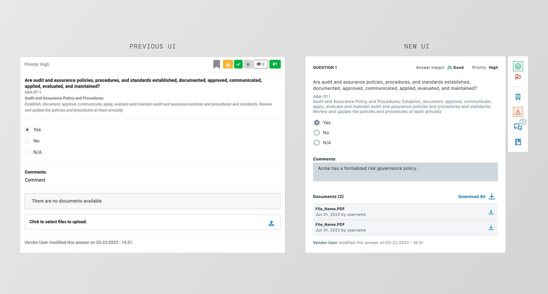 Questionnaire UI, before and after