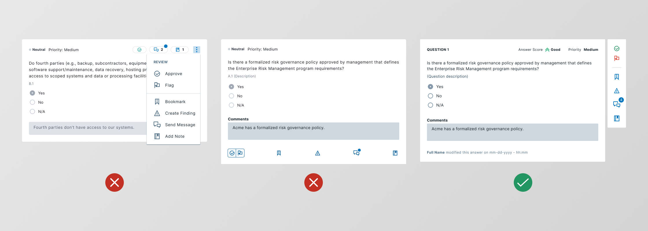 Questionnaire UI, light and dark mode side by side