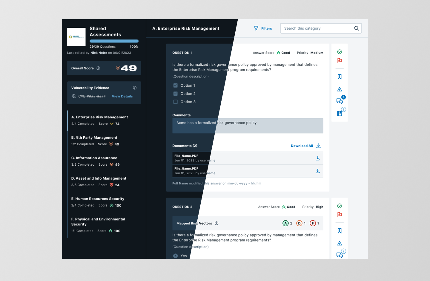 Questionnaire UI, light and dark mode side by side