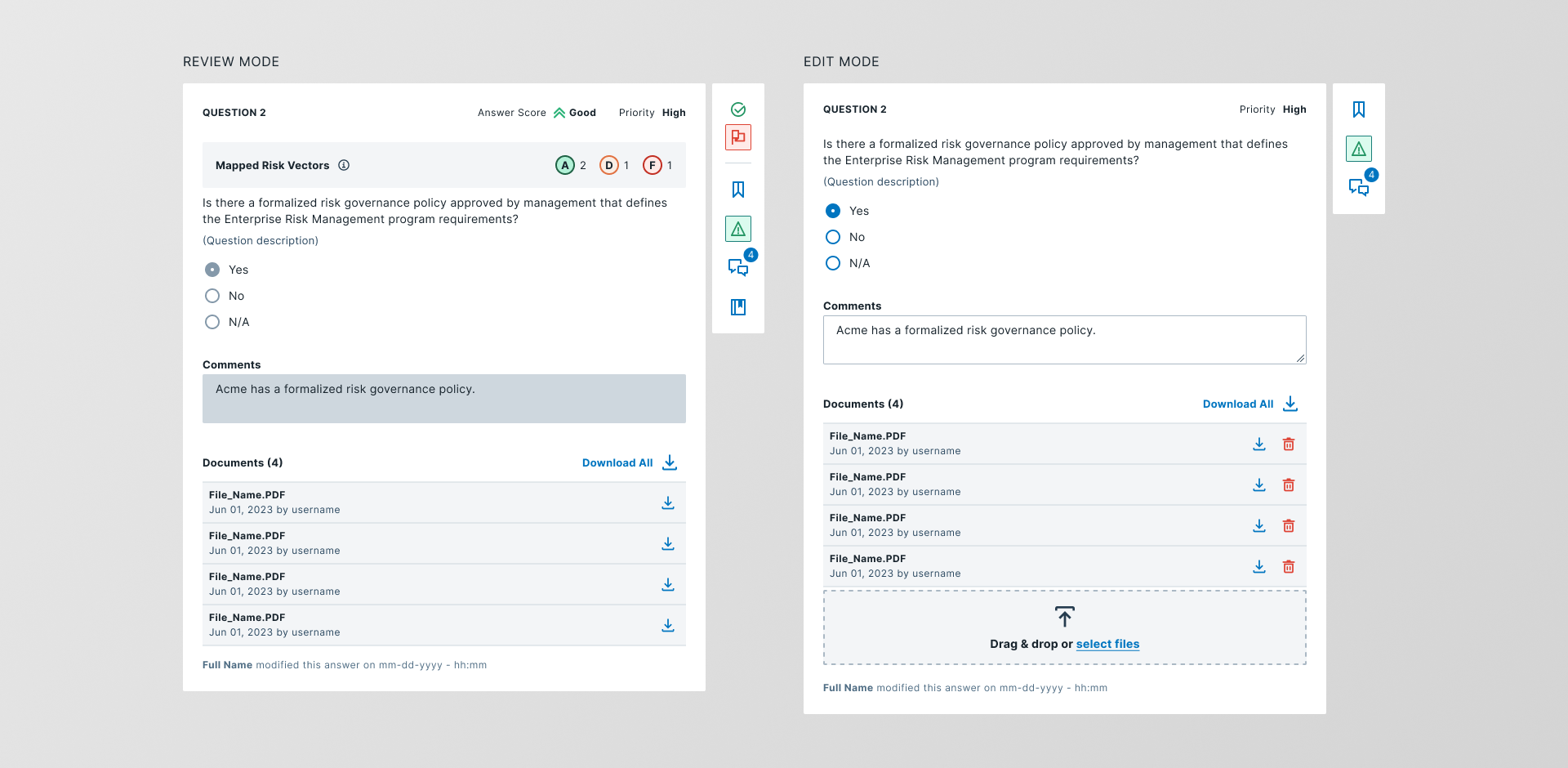 Questionnaire UI, question cards for review and edit modes