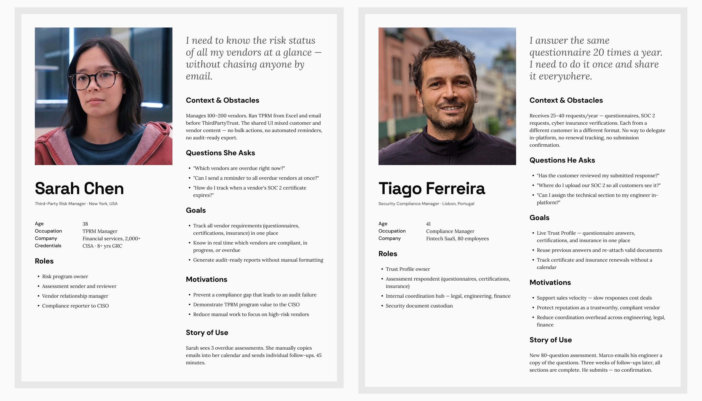 User personas — Sarah Chen and Tiago Ferreira